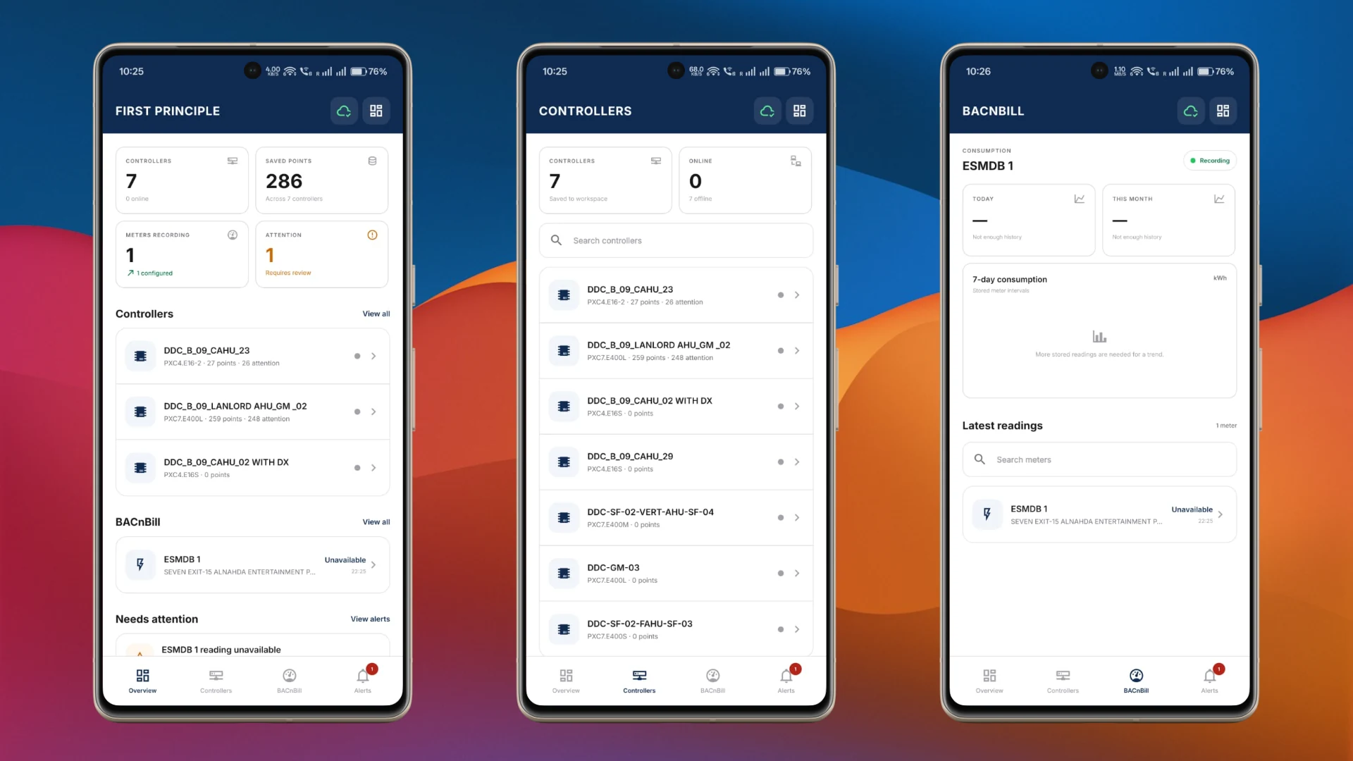 BACnMobile overview, saved controllers, and BACnBill meter screens connected to BACnScope Windows